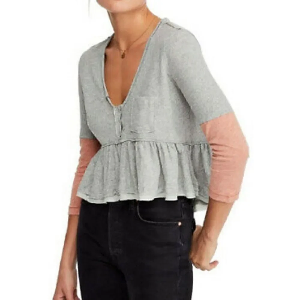 Free People Baby Doll Top Gray Orange /Peach Large V Neck Pocket Cotton